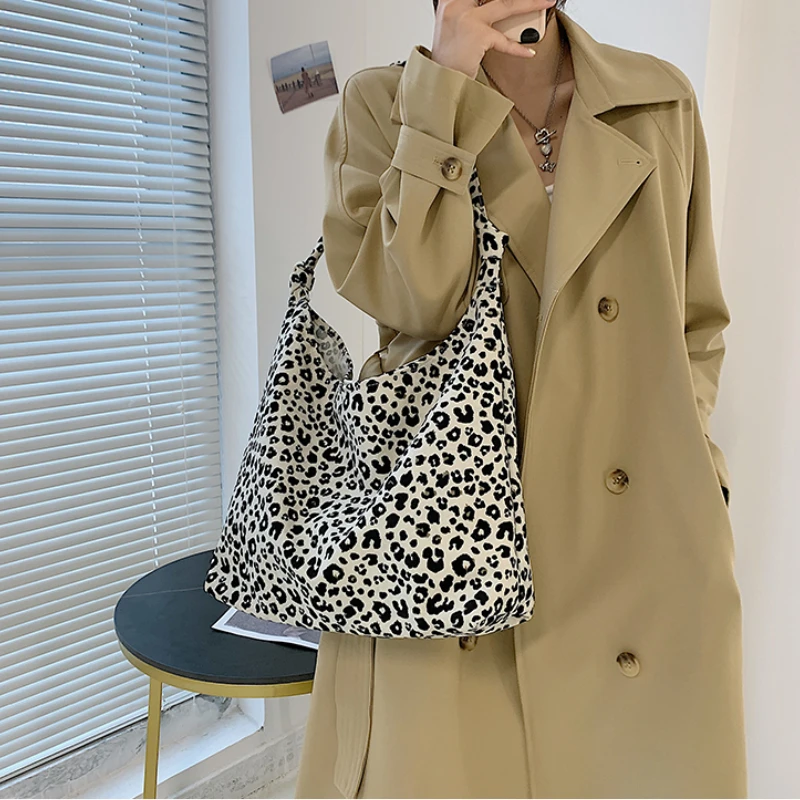 New Summer Canvas Shoulder Shopping Bags Women Leopard Underarm Handbags Large Capacity Korean Chic OL  Street Fashion