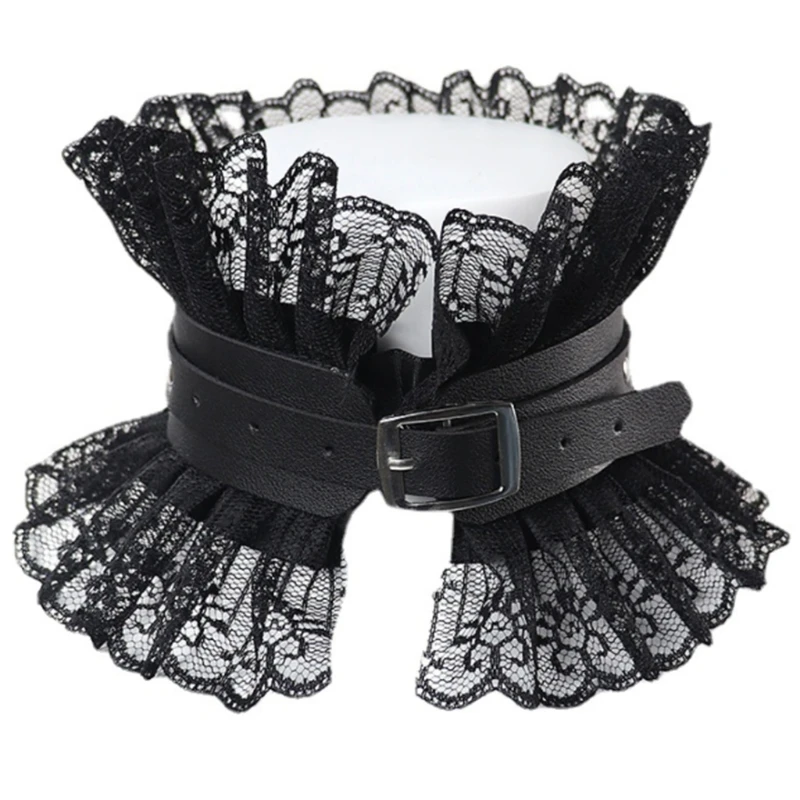 Women Vintage Princess Fake Collar Gothic Black Faux Leather Ruffled Floral Lace Choker Necklace Victorian Lolita Neck Ruff