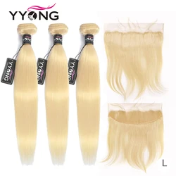 Yyong 613 Bundles With Frontal Brazilian Straight Human Hair Blonde 3/4 Bundles With Closure Remy Lace Frontal With Bundles