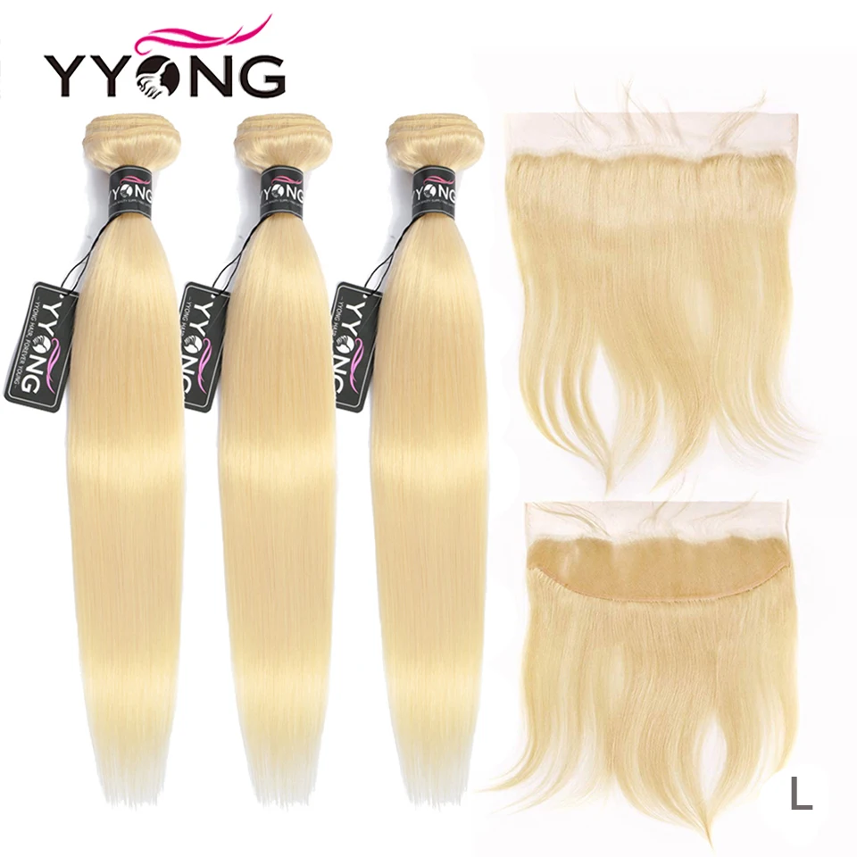 Yyong 613 Bundles With Frontal Brazilian Straight Human Hair Blonde 3/4 Bundles With Closure Remy Lace Frontal With Bundles