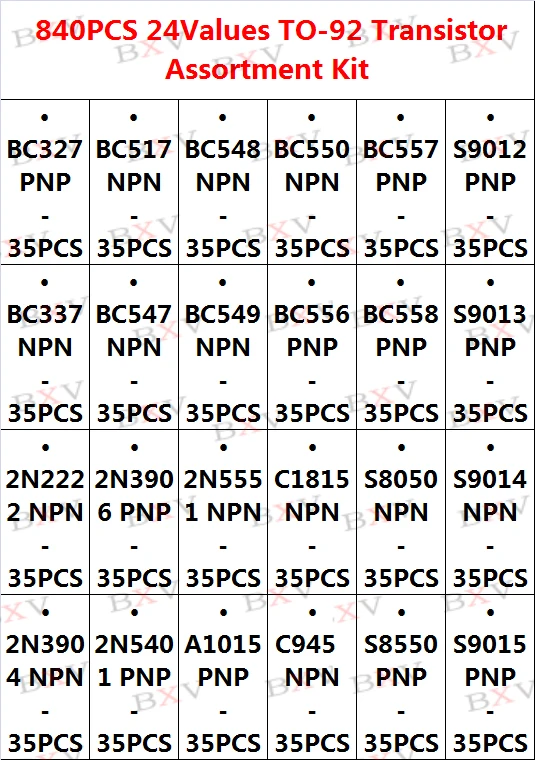 840PCS 24Values TO-92 Transistor Assortment Kit BC327 BC337 BC547 2N2222 3904 3906 C945 Transistors Pack Free Shipping