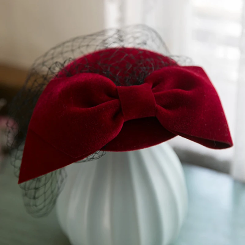 Formal Lady Hat Royal Style Elegant Bowknot Veil Fascinator Hat Cocktail  Beret Cap Lady Wedding Party Church Wool Felt Pillbox