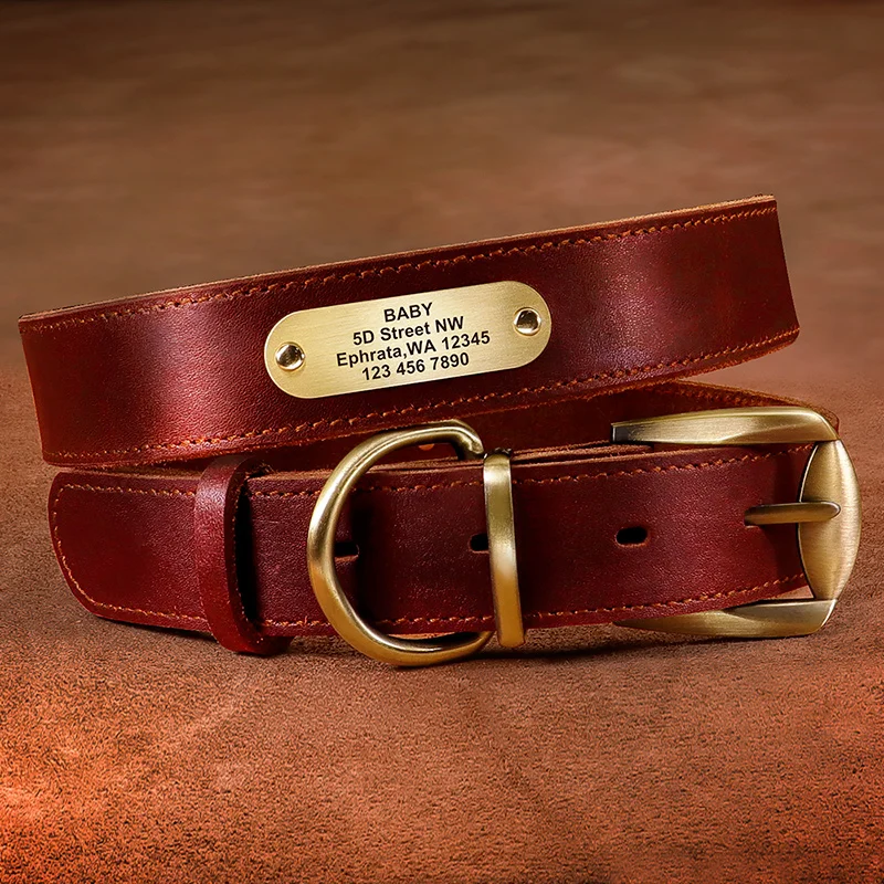 Collar de perro de cuero personalizado etiqueta de mascota collares suaves perro etiqueta de identificación grabada para perros grandes Pitubull