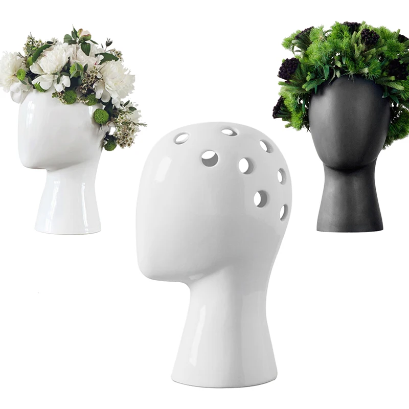 

DIY Modern Black White Head Flower Vase Planter Ceramic Home Office Room Restaurant Porcelain Decor Hollow Figurine Holder Gift