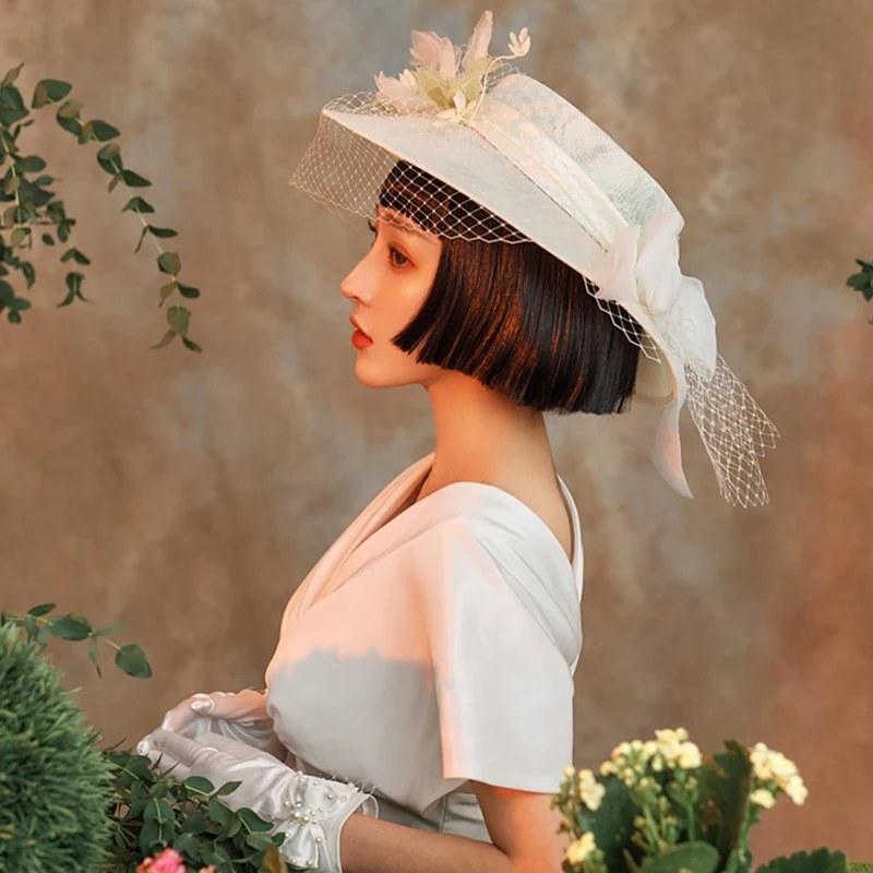 White Wedding Hats for Women Flat Top Bow Hat Bridal Autumn Winter Vintage Ladies Wide Brim Wedding Bridal Headwear Felt Hat