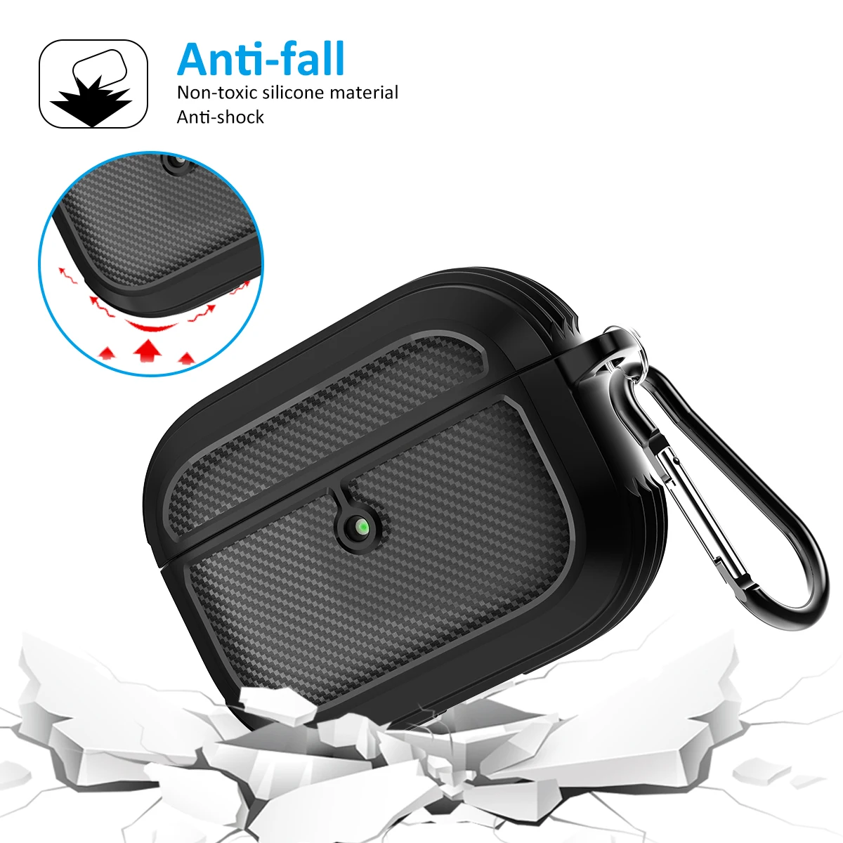 Carbon Fiber Silicone Case for AirPods Pro Full-Body Rugged Protective Cover with Keychain for Apple Airpods Pro Shockproof Case