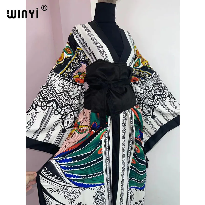 WINYI 2022 kobiety kimono moda w stylu Vintage Totem kwiatowy kaftan drukuj talia seal koszula Midi sukienka z długim rękawem Casual Slim Vestidos