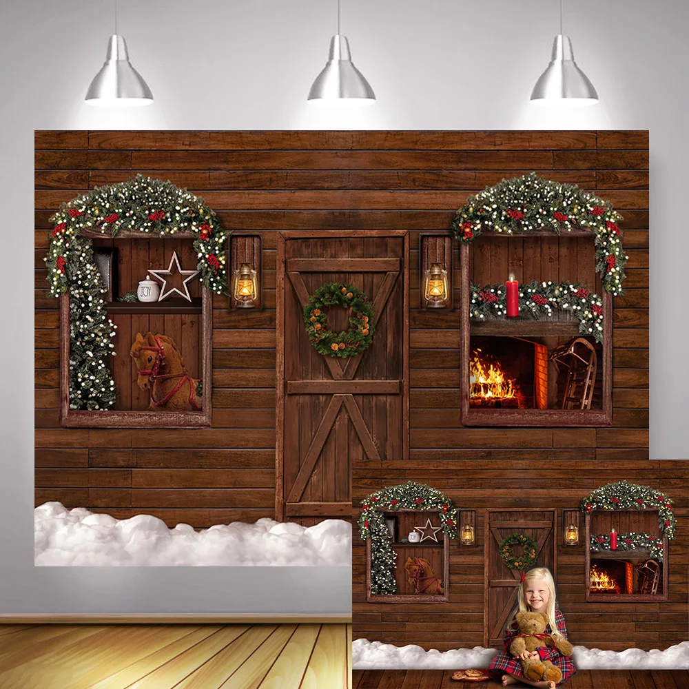 Christmas Children Portrait Backdrop for Photography Wooden Wall Winter Fireplace Retro Door Xmas Background Candle Wreath Snow