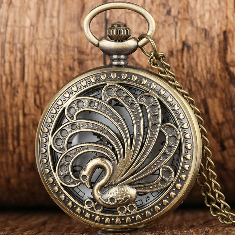 Retro Hollow Pauw Quartz Zakhorloge Brons Chinese Ketting Hanger Animal Quartz Fob Klok Horloge Kunst Collectibles Reloj