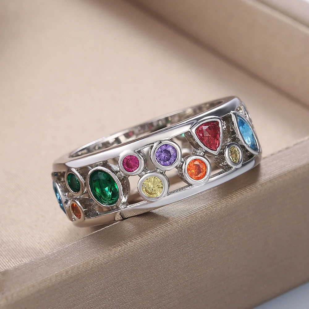 Huitan Colorful Women Hollow Out Geometric Stone Rings Cocktail Party Female Finger Ring Fancy Stylish Rings Jewelry Wholesale image 4