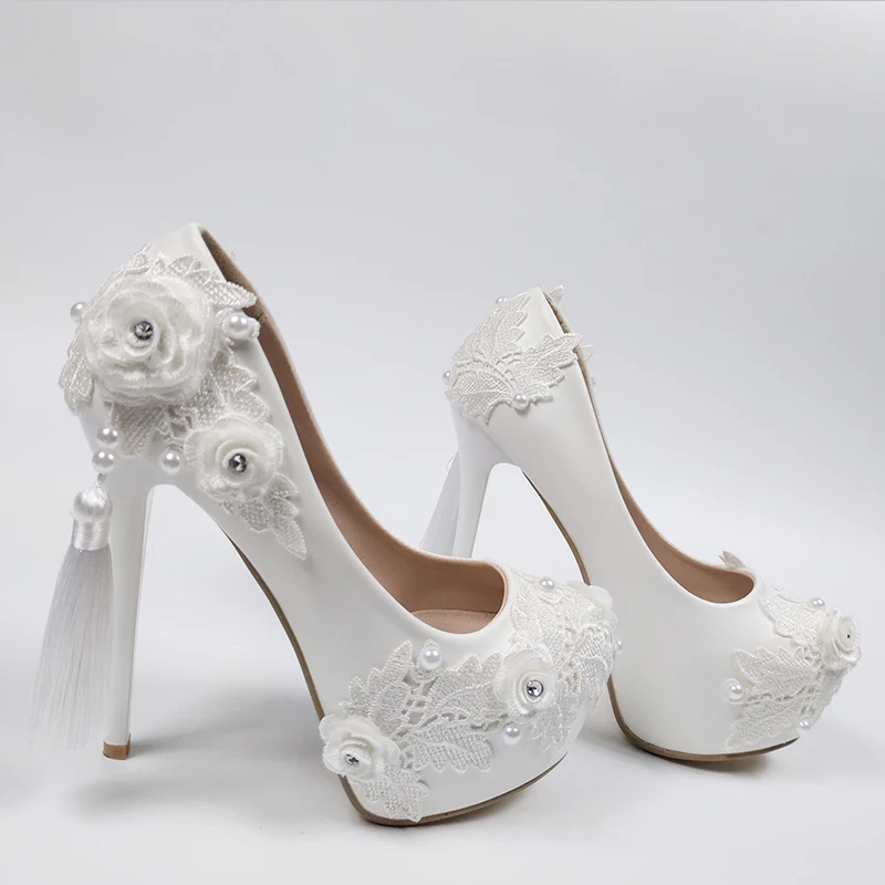 BaoYaFang Super High Heel White Flower Wedding shoes Bride Ladies high platform shoes woman Fashion Round Toe Tassel Dress shoes