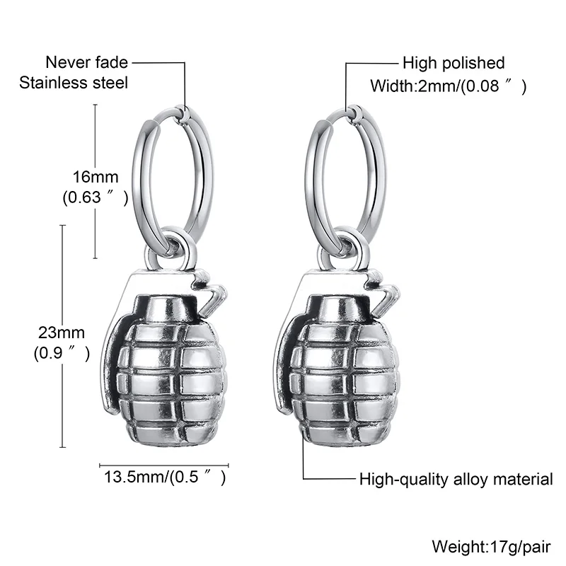 FUN GRENADE SHAPED EARRINGS FOR MEN JEWELRY STAINLESS STEEL HOOP EARING GIFT FOR HIM