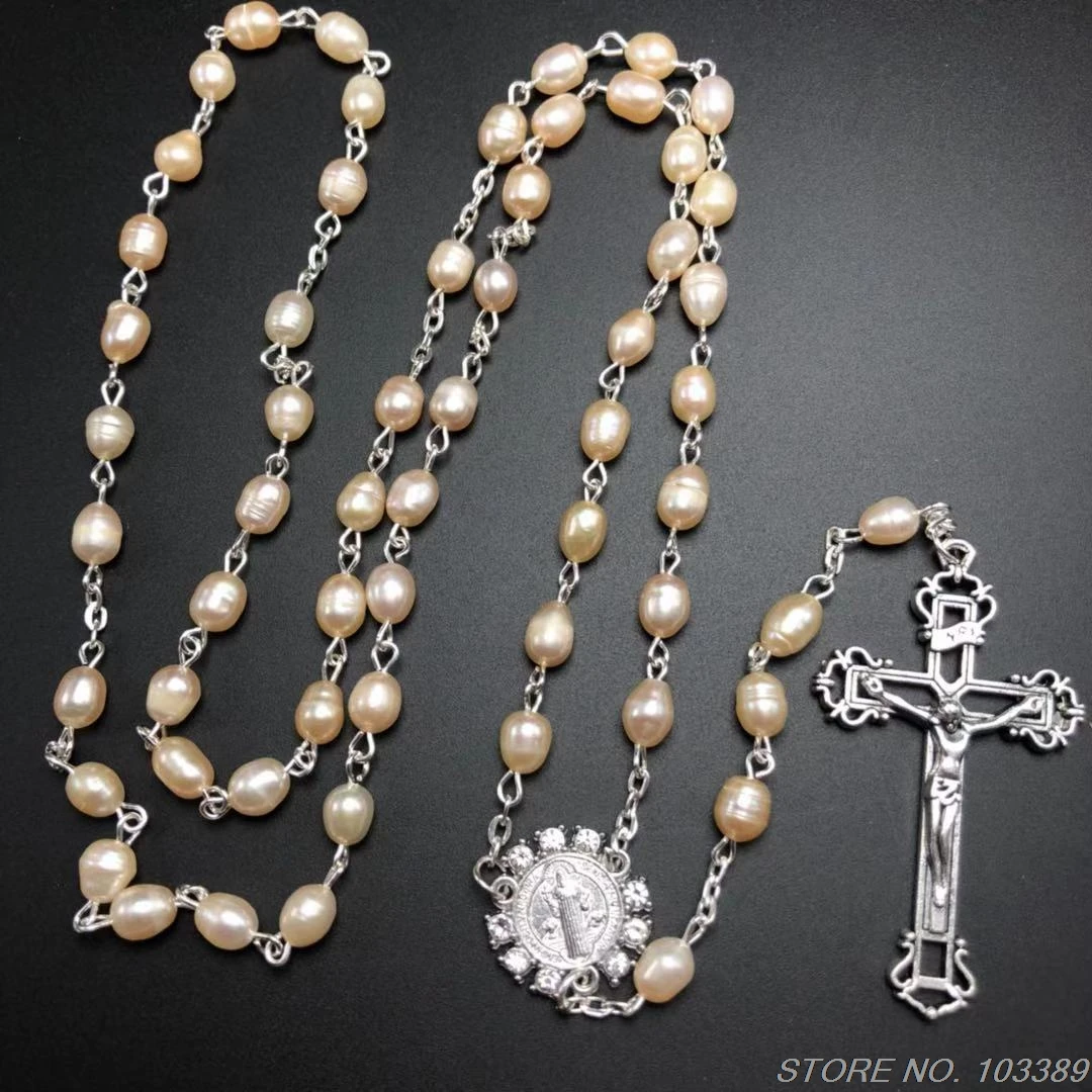 oval freshwater pearls rosary catholic rosary necklace with rhinestone benedict centerpiece and jesus