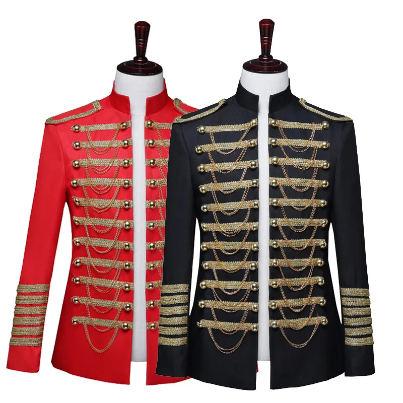 Men's Nightclub DJ Costume Jacket Coat Black and Red European Court Uniform Performance Dress Coat with Metal Chain