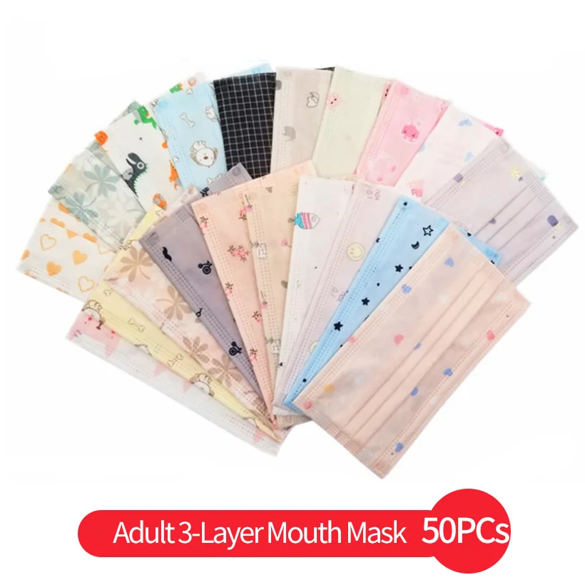 

50PCs Spot Adult Disposable Cartoon Printing Mask Mouth Three Layers of Dust-Proof and Thin Melt-blown Layer Breathable Mask