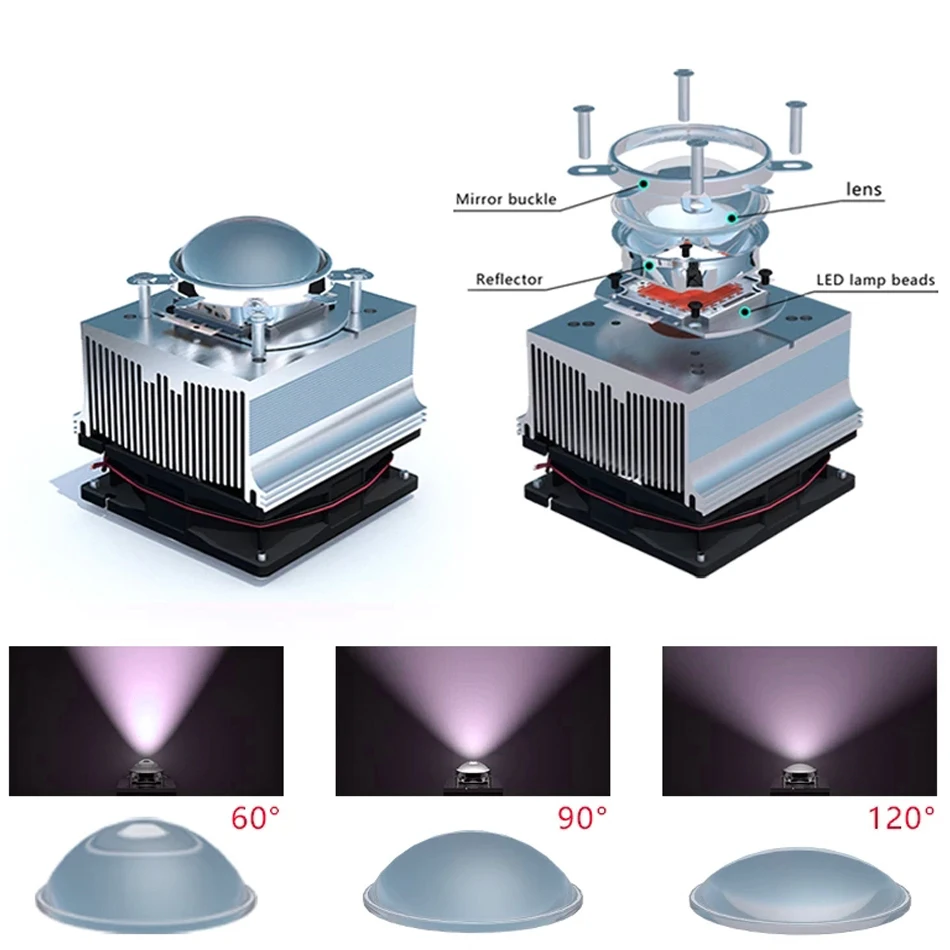 LED Chip Radiator Heatsink DC12V Fan Lens Kits for 20W 30W 50W 100W High Power Led