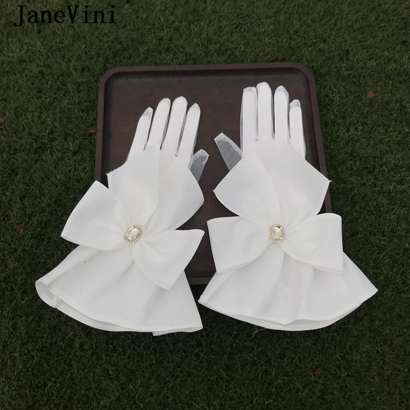 JaneVini 2021 Elegant Bridal Gloves with Big Bow Tulle Full Finger Short Evening Gloves Wrist Length Wedding Gloves Accessories