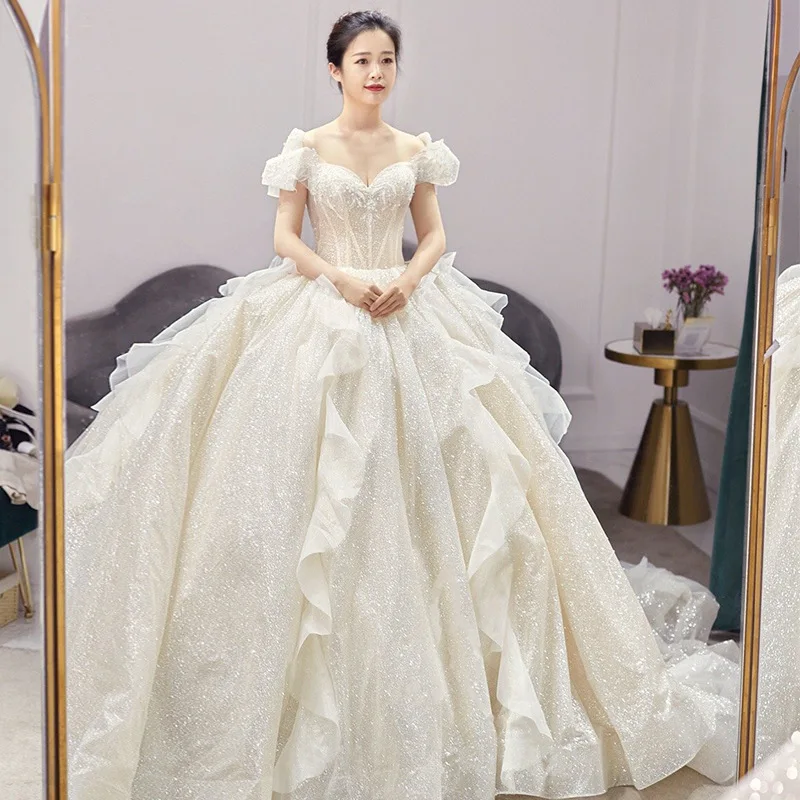 

Vestido De Noiva 2021 Elegant Boat Neck Wedding Gown Witn Train Ball Gown Off The Shoulder Princess Luxury Dresses