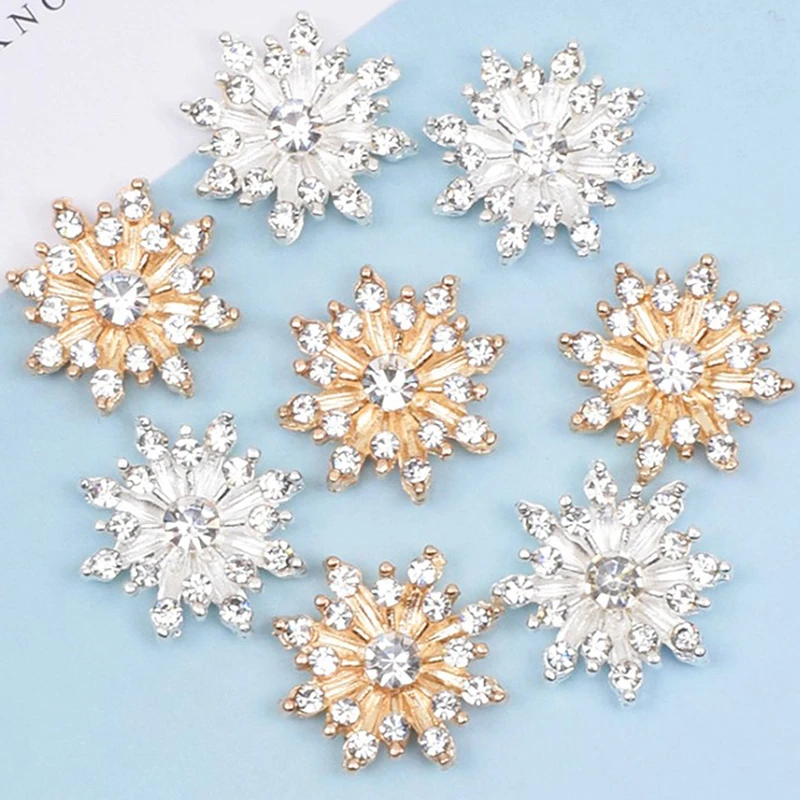 10pcs Snowflake Cabochon Pearl Metal Base Strass Glitter Rhinestone Buttons For Clothing Accessories DIY Crafts 16*16MM