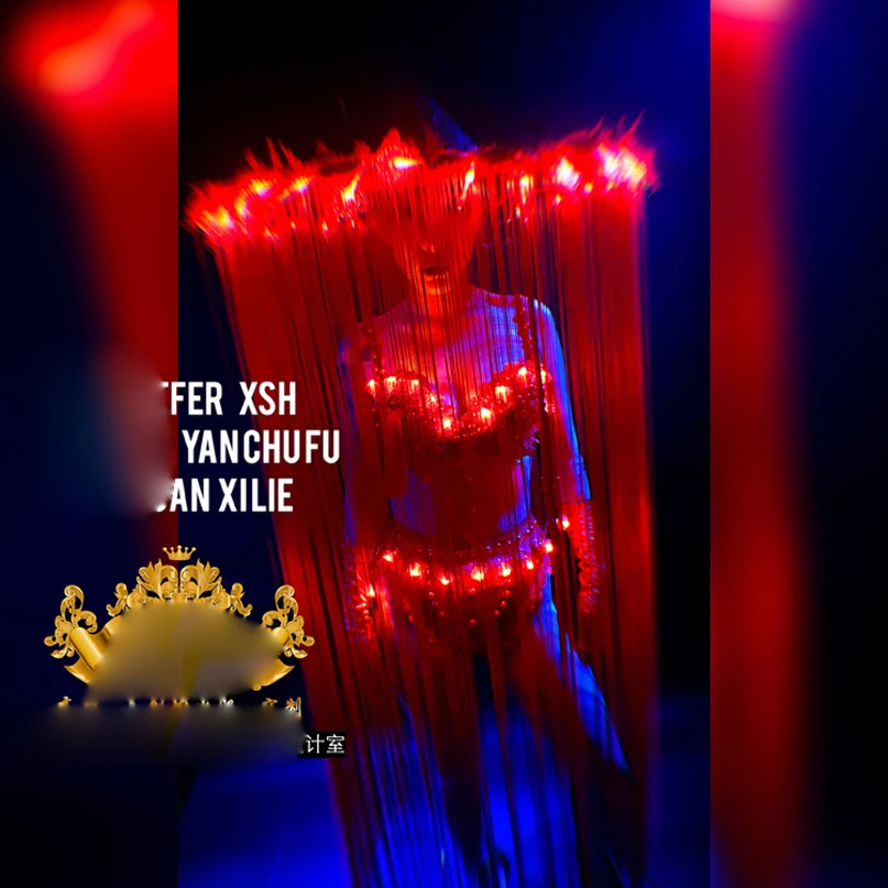 

Stage dance wear Sexy Nightclub GOGO Women's Chinese Style LED Light Tassel Red Hat Costume