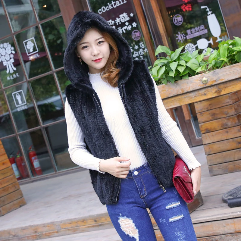 Genuine Mink fur knitted hooded vest slim mink hair knitted vest female Fashion Mink knit vest