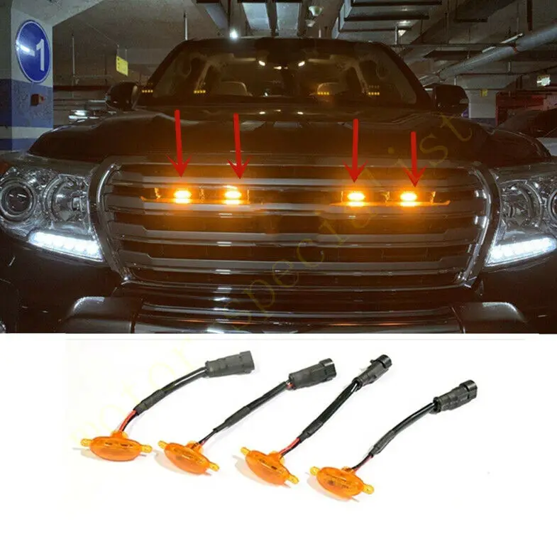 

LED Car Front Grille LED Amber Light Raptor Style Light Kit Decor W/ Wire Speed 4Pcs For Toyota Land Cruiser 2013-2015