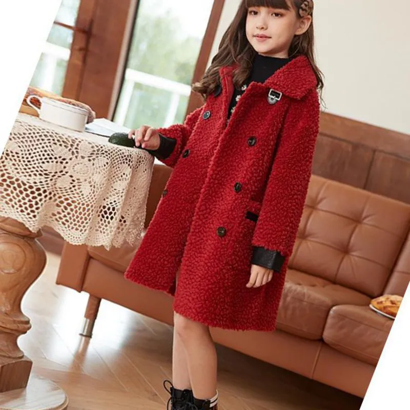 Lamb Wool Girls Baby\'s Kids Coat Jacket 2022 Thicken Winter Autumn Fur Teenage Mid-Length Buttons Outerwear Children\'s Clothing