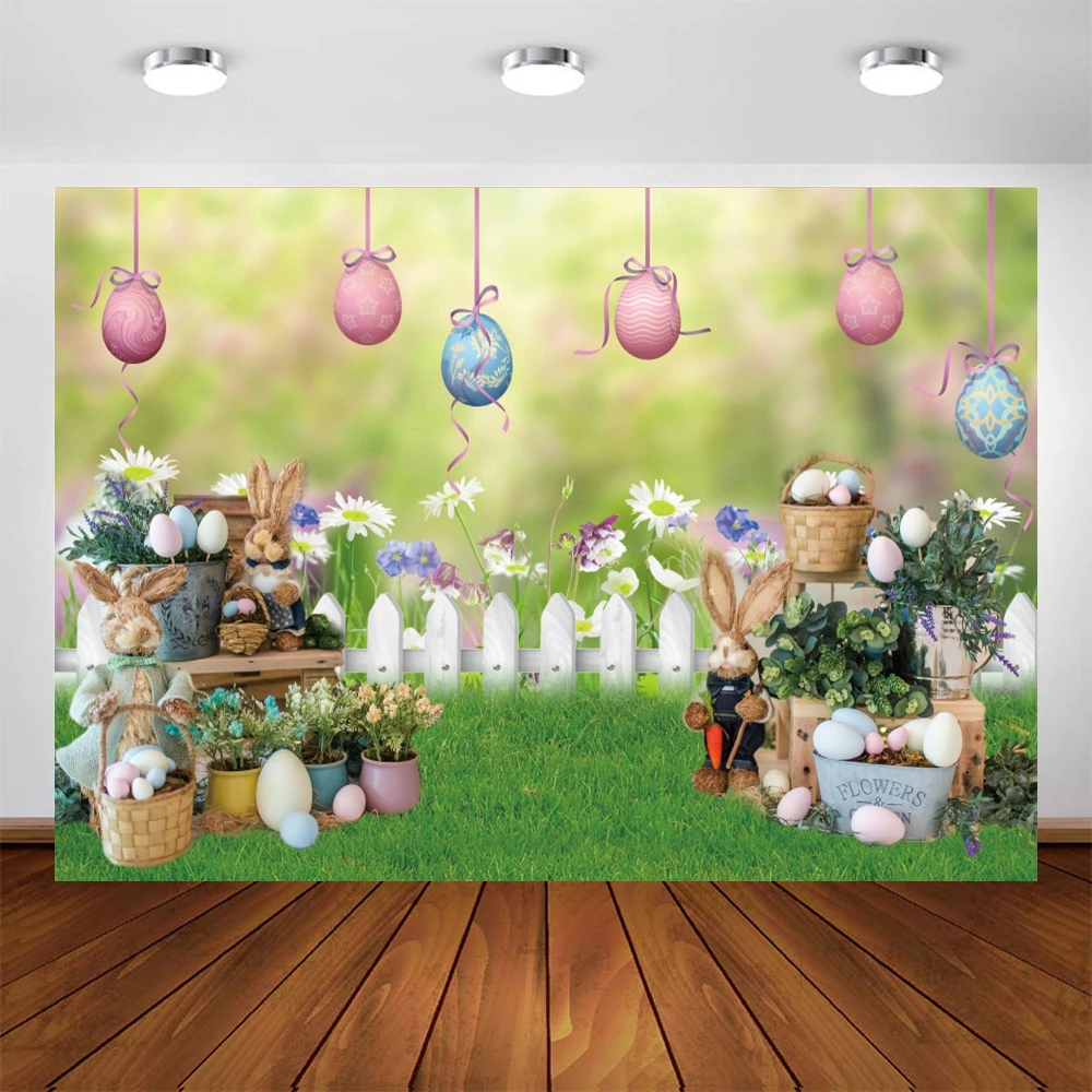 Easter Backdrop Spring Garden Flower Fence Eggs Green Grass Photography Background Floral Bunny Kids Baby Portrait Photo Booth