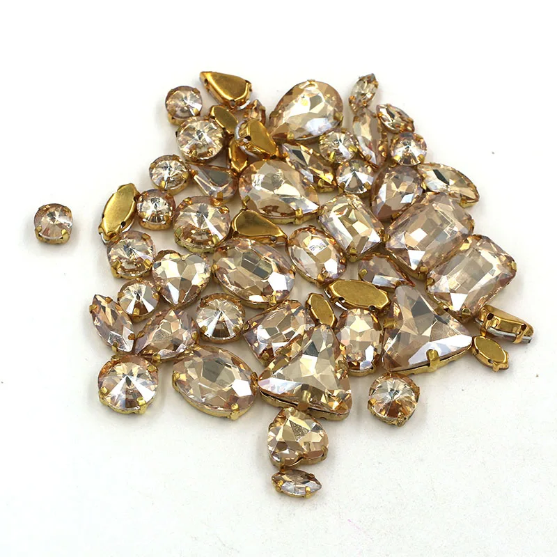 50pcs/bag Clothing accessories mixed shape Champagne glass crystal sewing rhinestones with gold base for dress/garment/shoes