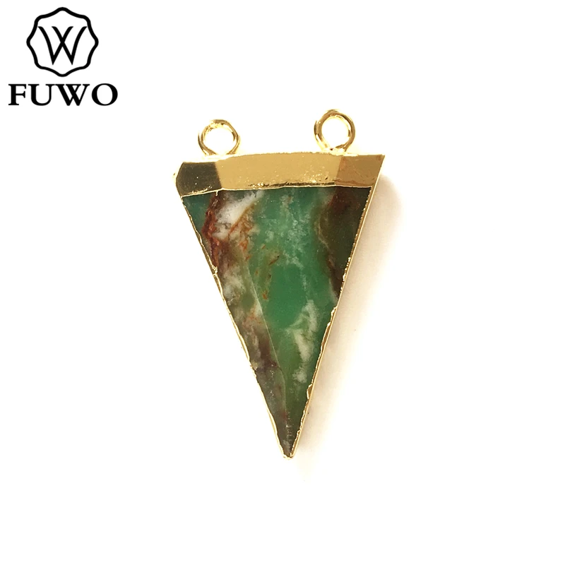 

FUWO Natural Chrysoprase Pendant With Golden Plated Fashion Triangle Double Hook Semi-precious Stones For Necklace Making PD306