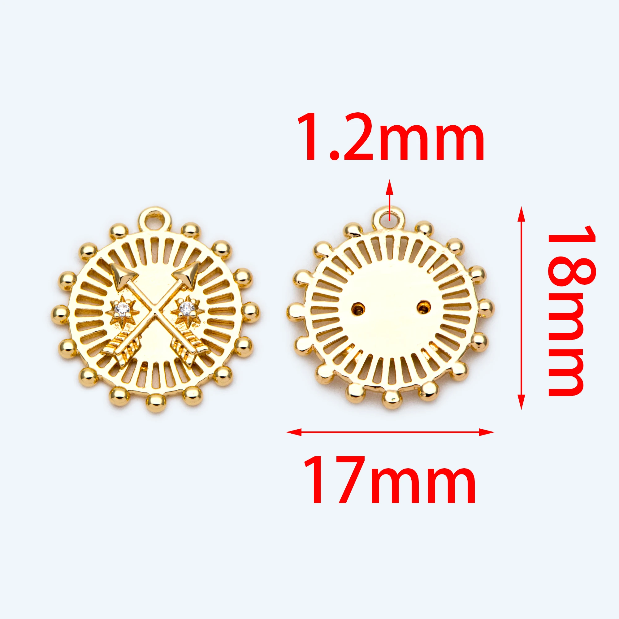 10pcs Gold Arrow Charms 17x18mm, 18K Gold Plated Brass, Round Disk Arrow Pendants (GB-1775)