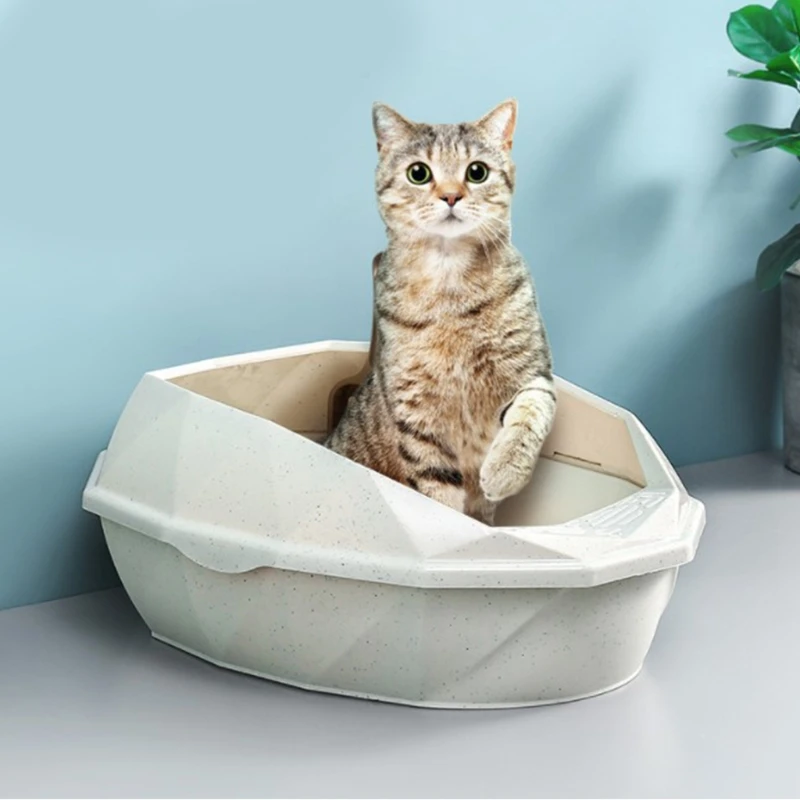 Pet Cat Kitty Open Top Litter Box with Shield and Scoop Semi-closed Anti Litter Splashes Detachable Design Easy to Clean