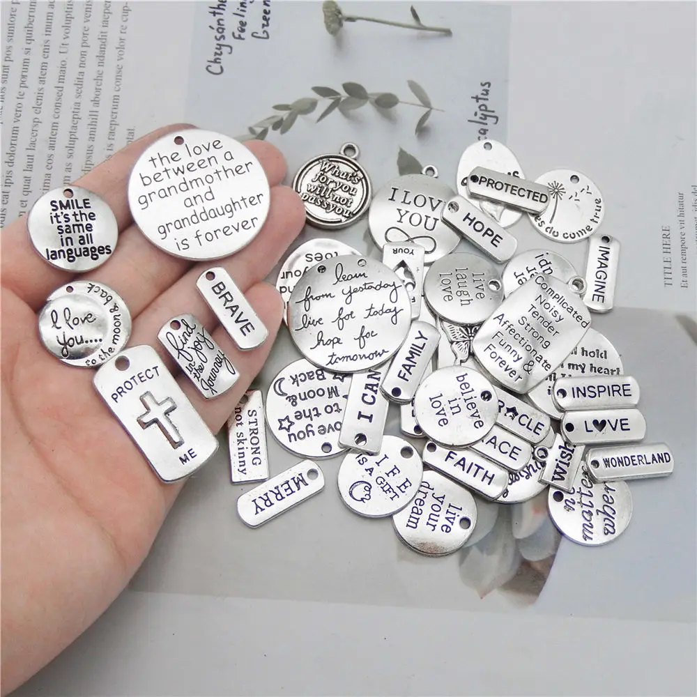 20PCS Alloy Alphabet Charms Mix Silver Color Love Faith Inspiration Words Pendant For Women Bracelet Jewelry Making Accessory