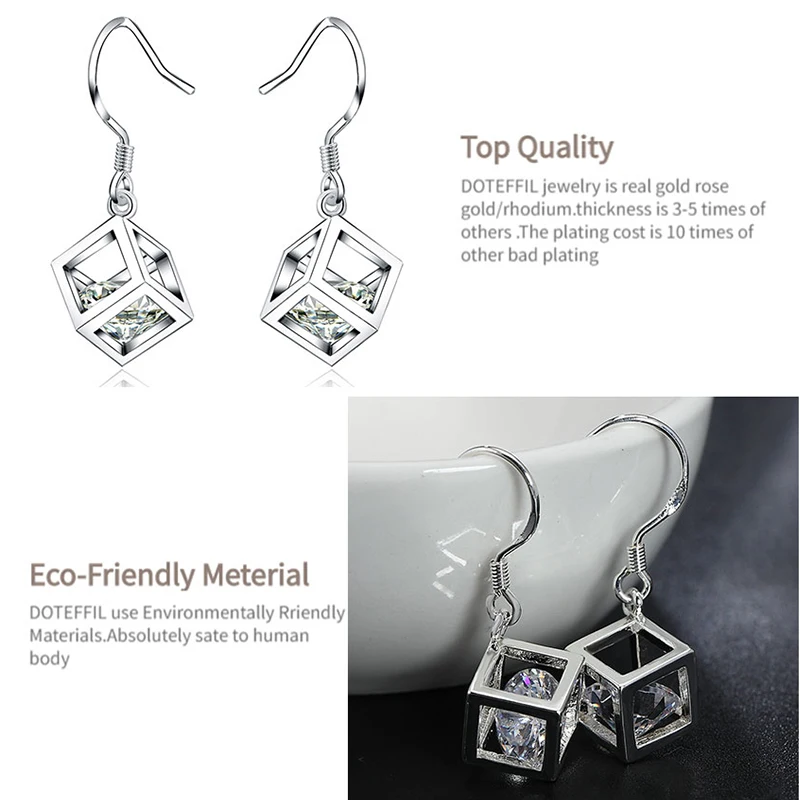 DOTEFFIL 925 Sterling Silver Square AAA Zircon Earring For Women Lady Wedding Engagement Party Fashion Jewelry