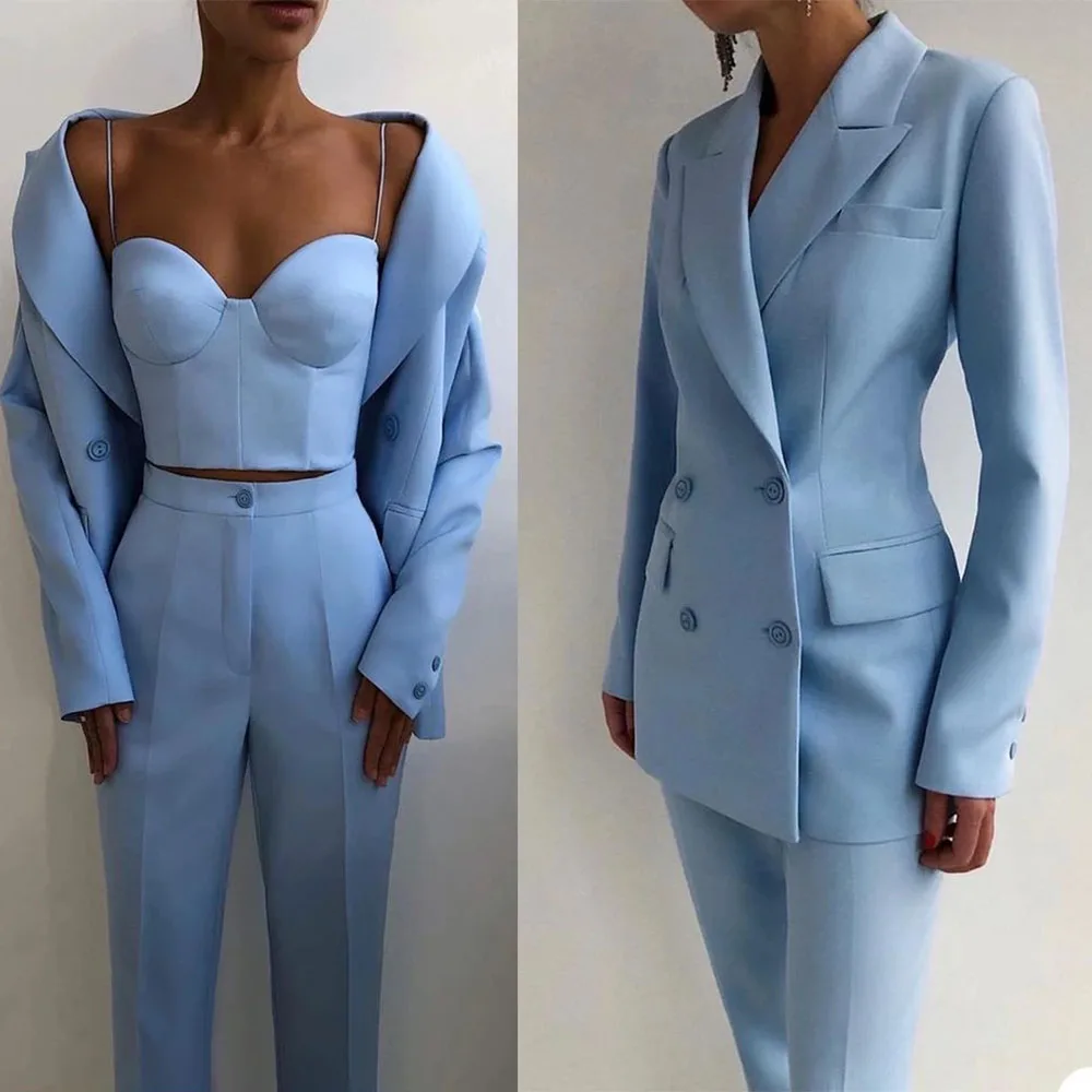 Blue Mother Of The Bride Dresses Women Suits 3 Pieces Breasted Jacket +Vest+Pants Custom Made Slim Fit Ladies Wedding Blazers