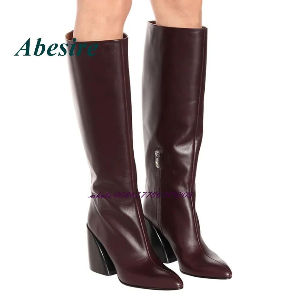 Abesire Pointed Toe Strange Style Knee High Boots Leather Stone Pattern Side Zipper Winter New Fashion Women Shoes Casual Shoes