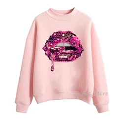 Sweat-shirt à capuche Sexy pour Femme, vêtement d'hiver, avec motif de lèvres à paillettes roses, maquillage luxueux, survêtement