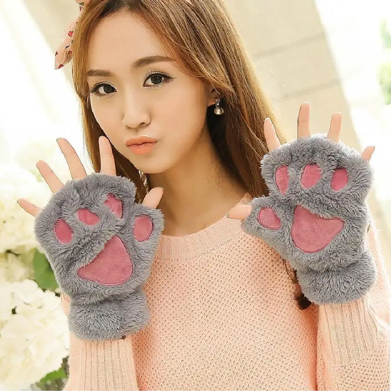 Cat\'s Paw Gloves Ladies Winter Korean Cute Girls Fingerless Thick Warm Bear\'s Paw Plush Half-Finger Fashion Gloves