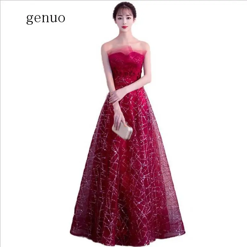 Sexy Red Strapless Tutu Dress Sequin Mesh Ball Gown Women Floral Embroidery Maxi Party Dress Bandage Robe De Soiree