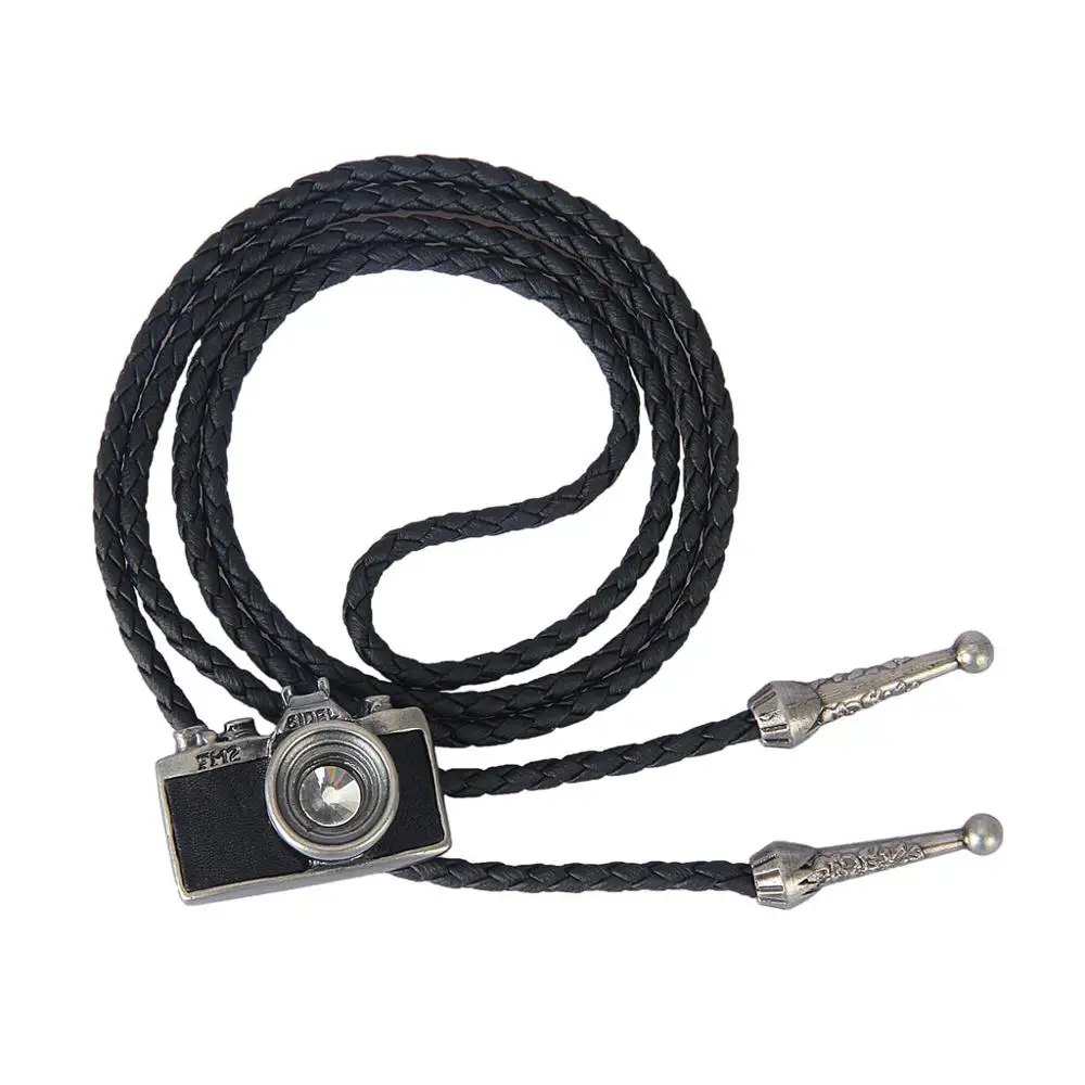 Bolo tie European and American men's and women's necklaces handmade original jewelry old alloy leather camera braided long neckl