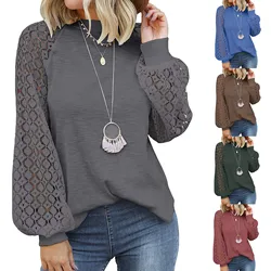 Otoño Invierno para mujer Tops 2021 nueva sudadera femenina Casual cuello redondo manga larga costura de encaje blusas sueltas jersey de mujer