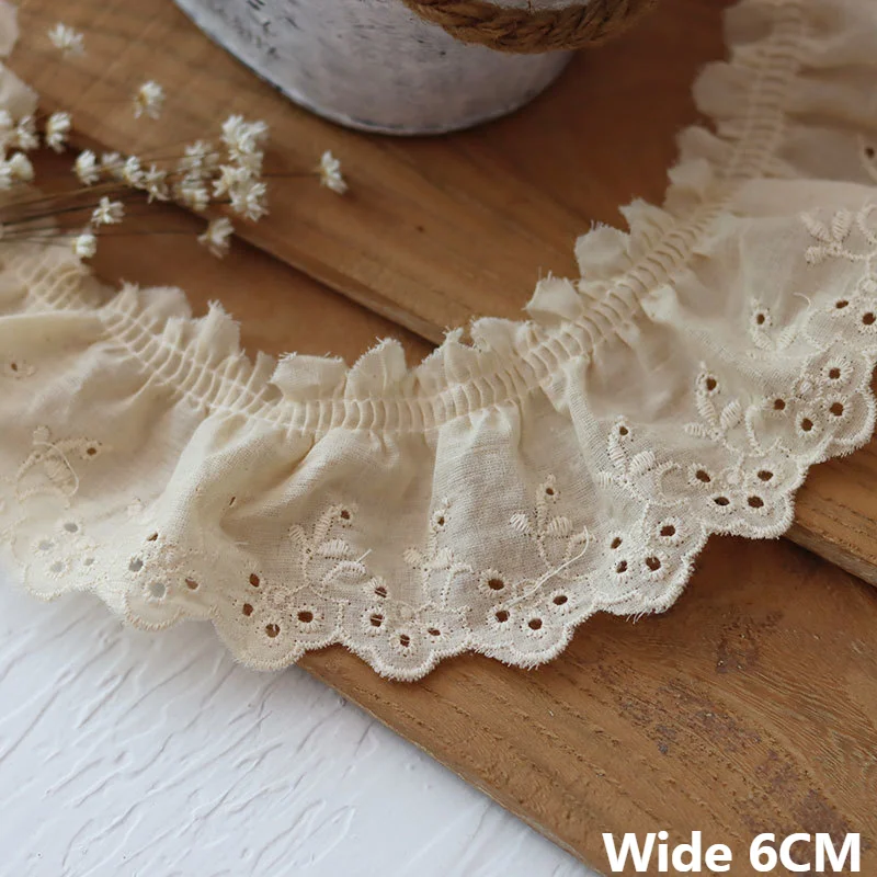 6CM Wide Beige Cotton Lace Fabric Ribbon Dress Collar Cuffs Trims Embroidered Pleated Lace Applique Handmade Decorative Material