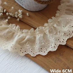 6CM Wide Beige Cotton Lace Fabric Ribbon Dress Collar Cuffs Trims Embroidered Pleated Lace Applique Handmade Decorative Material