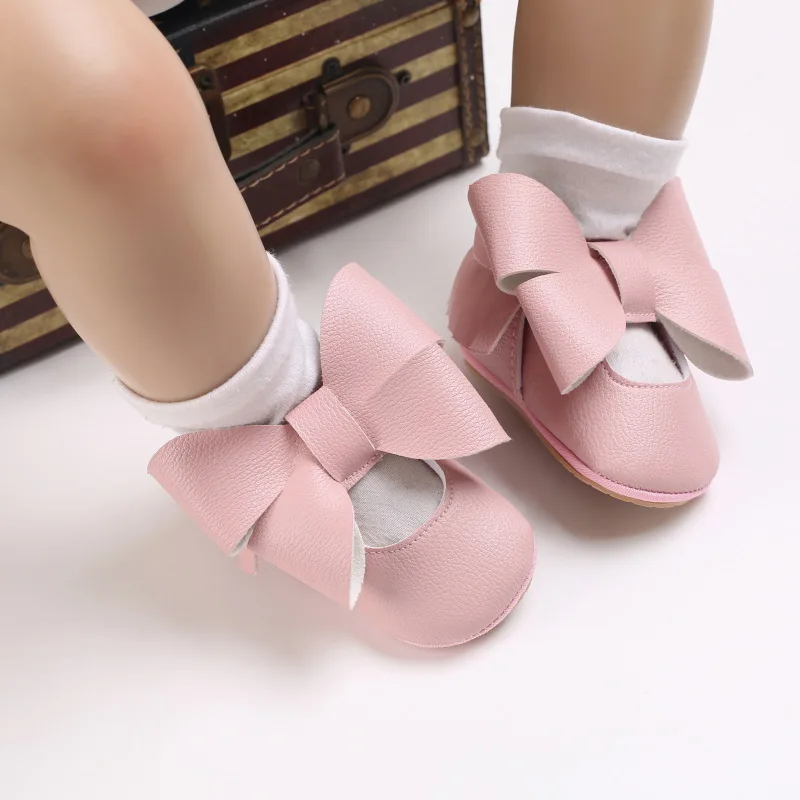 Zapatos con lazo grande para bebé y niña, zapatillas antideslizantes de suela suave plana para primeros pasos, antideslizantes de PU para recién nacido