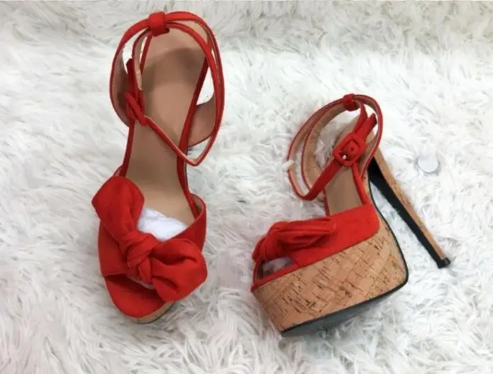 Hot Selling Red Black Bow Tie High Platform Sandals Women Ankle Strap Wooden Heels Wedding Bride Cut-out Summer Dress Shoes