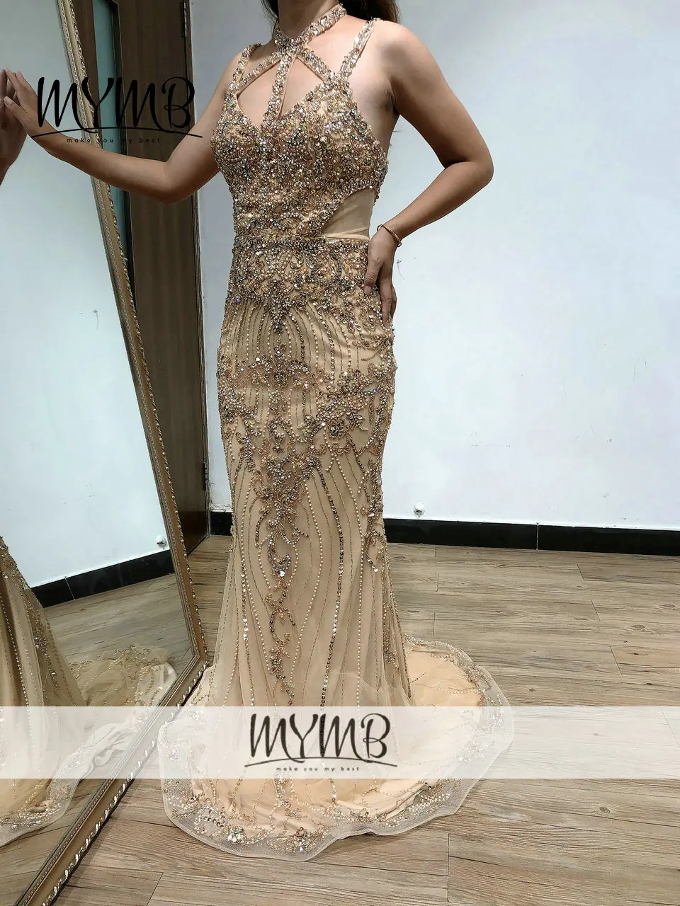 Red Carpet Beading Prom Gown For Wedding Guest MYMB Gold Sexy Back Evening Party Dress MY21102