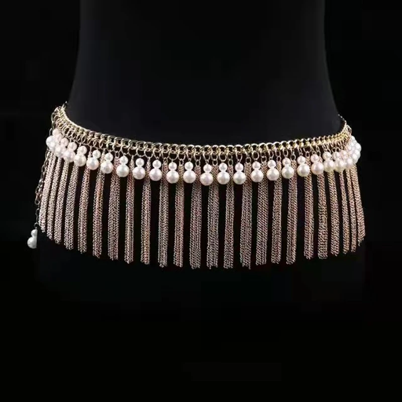 Women Belly Dance Accessories Pearls Waist Belt for Dance Belly Chain Jewelry Body Chain Gold Fringes Hip Belts