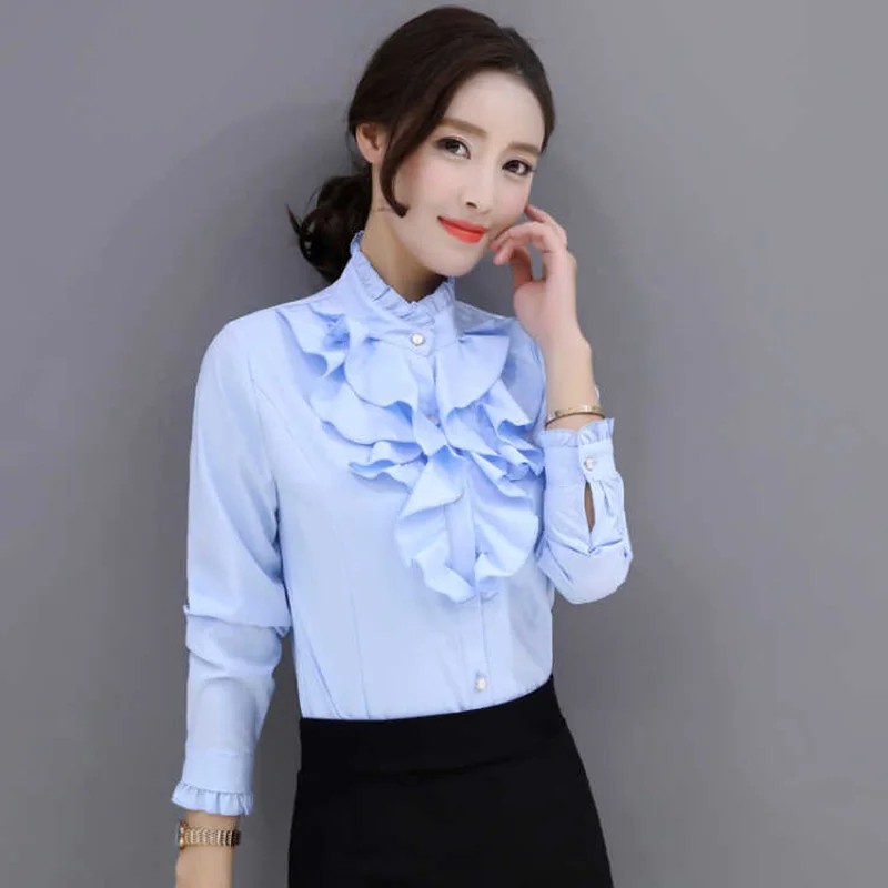 Fashion Commute Ruffles Chiffon Shirts 2022 Spring Autumn New Office Lady Elegant Blouse Solid Stand Collar All-match Blouse 5XL