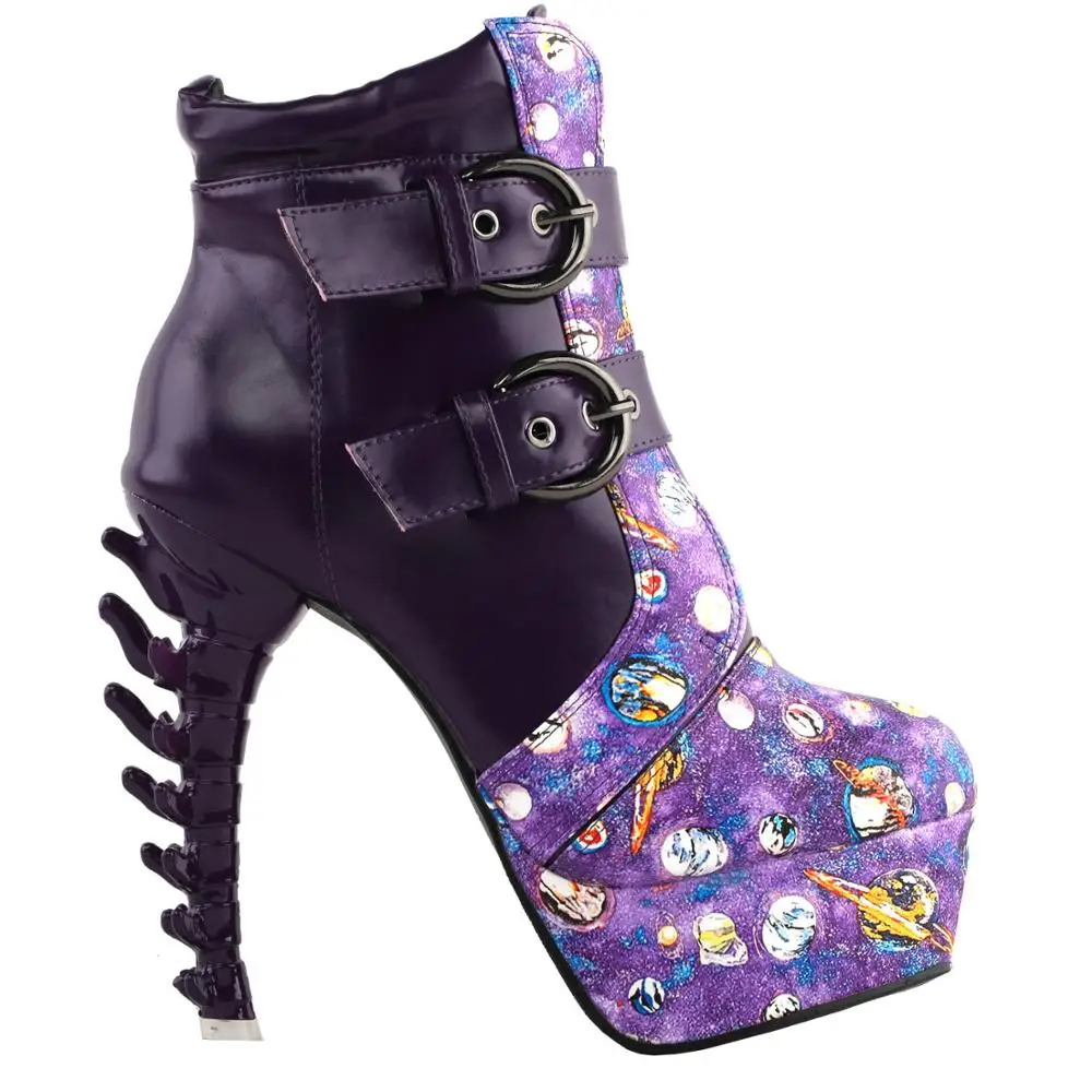 LF80685 SHOW STORY Punk Vintage Rockabilly Purple Strap Buckle High-top Bone Platform Ankle Boots