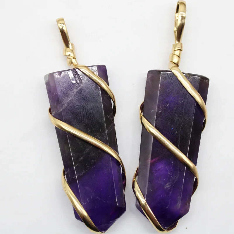 4pcs Natural Stone Amethyst Pendant Hand-wound Gold Colour Wire Arrow Pendant DIY Production Men and Women Christmas Gifts